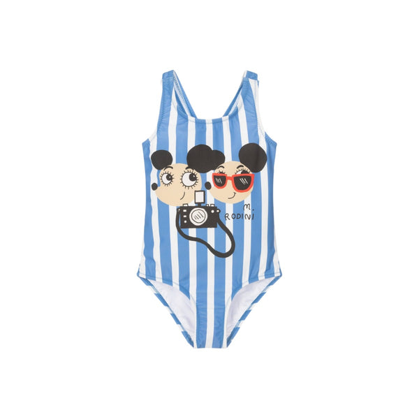 Girls White & Blue Ritz Ratz Print Swimsuit