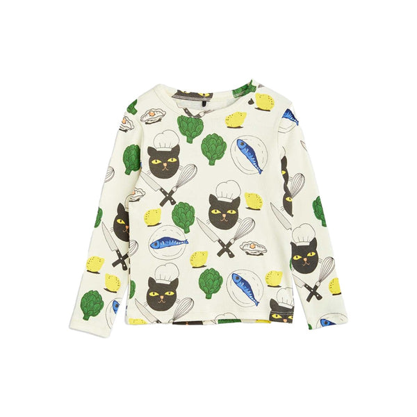 Girls White Chef Cat Print Full Sleeves T-Shirt