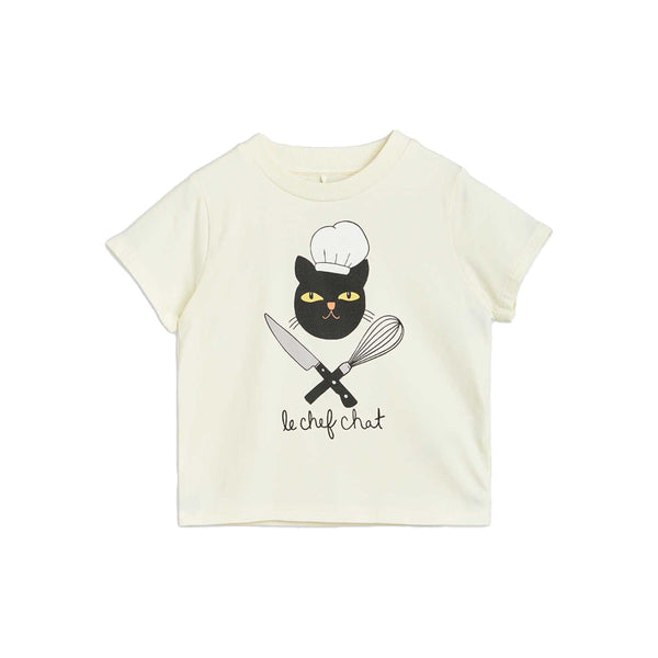 Girls White Chef Cat Print Half Sleeves T-Shirt
