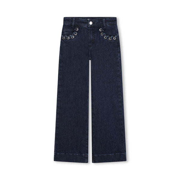 Girls Denim Blue Eyelet-Detail Cotton Jeans