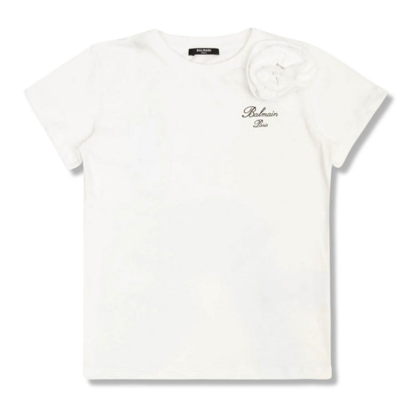 Girls White Cotton Bow T-Shirt