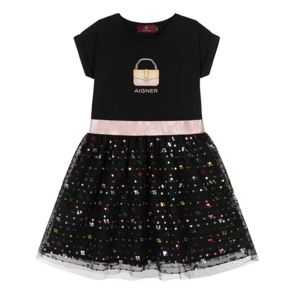 Girls Black Cotton & Tulle Dress