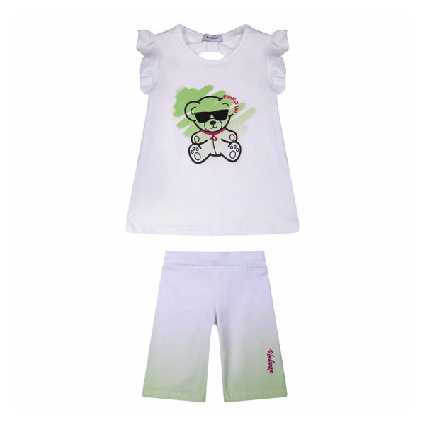 White & Green Ruffled Printed Top With Shorts