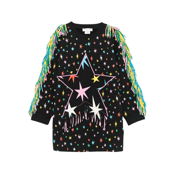 Girls Black Star Print Fringed Dress
