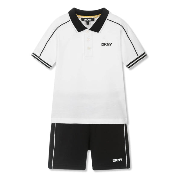 Boys White & Black Cotton Shorts Set