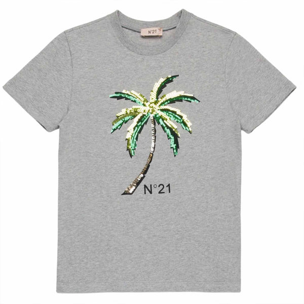 Girls Grey Sequined Palm T-shirt