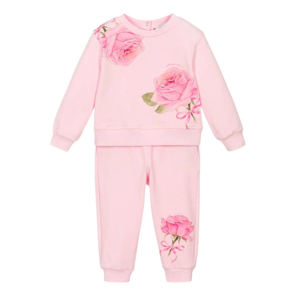 Baby Girls Pink Rose Print Cotton Tracksuit