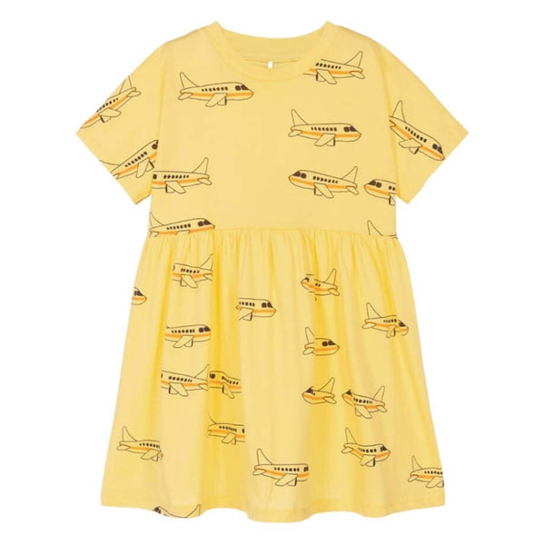 Girls Yellow Airplane Flared Cotton Dress
