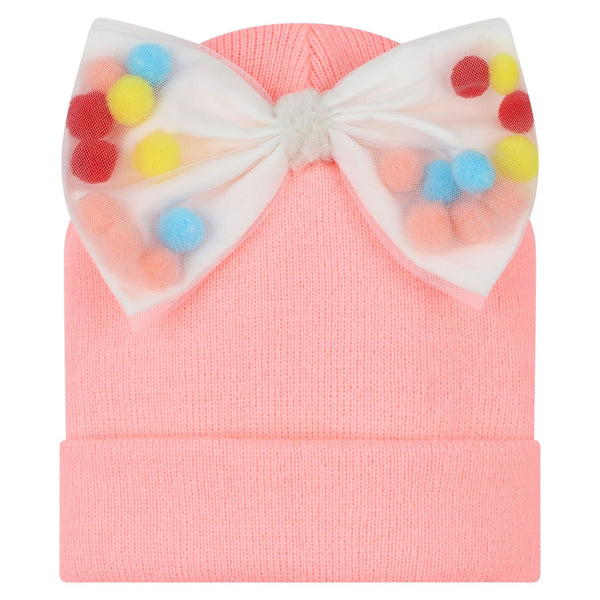 Baby Girls Pink Knitted With Pom-Pom Bow Hats