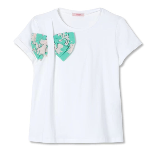 Girls White Bow-Patch Cotton T-Shirt