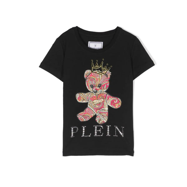 Girls Black Crystal-Embellished Teddy Print T-shirt