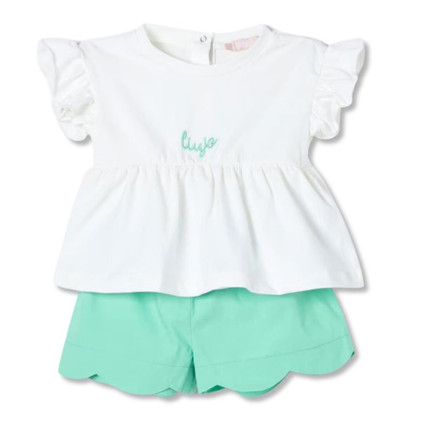 Baby Girls White & Green Cotton Shorts Set
