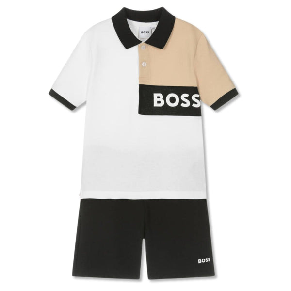Boys White, Beige & Black Jersey Shorts Set
