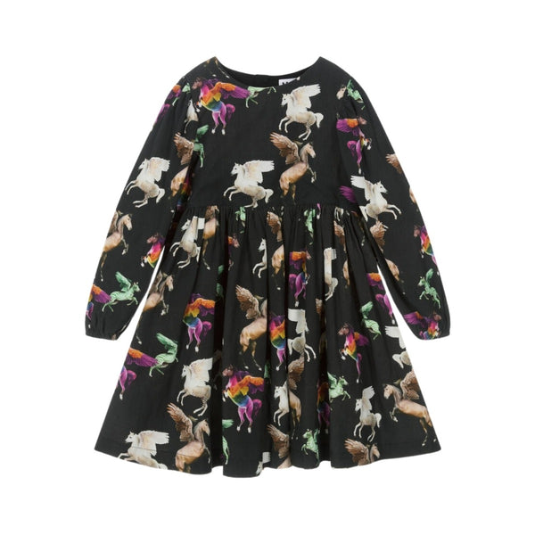 Girls Black Viscose Pegasus Print Dress