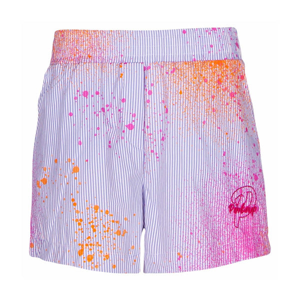 White And Blue Striped Shorts With Colourful Spray Print
