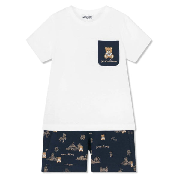 Boys White & Navy Blue Cotton Shorts Set