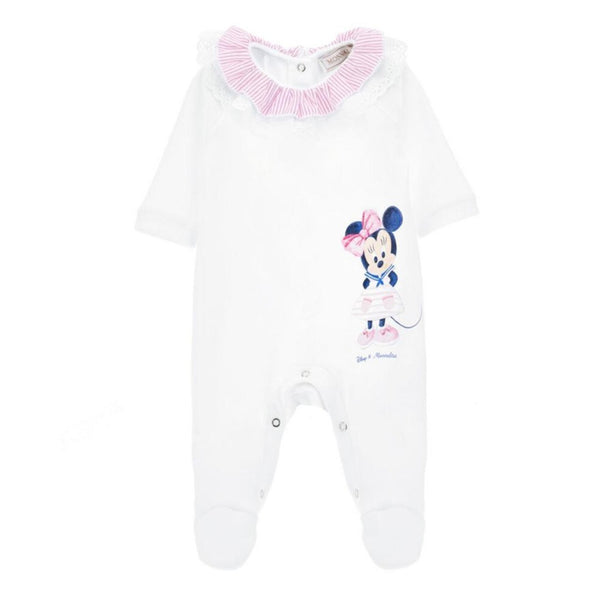 Baby Girls White Romper With Striped Collar And Lace