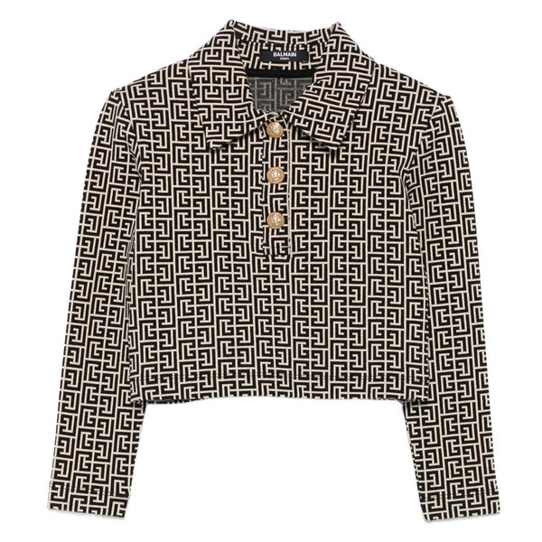 Girls Black Geometric-Print Buttoned Polo Sweatshirt
