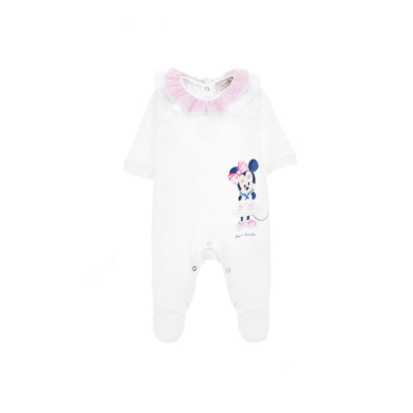 Baby Girls White Romper With Striped Collar And Lace