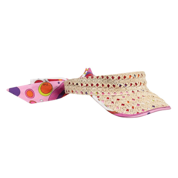 Girls Beige Straw & Fontane Print Sun Visor