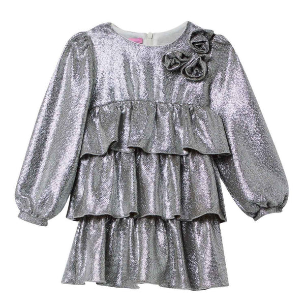 Girls Silver Glitter Detalling Floral Dress