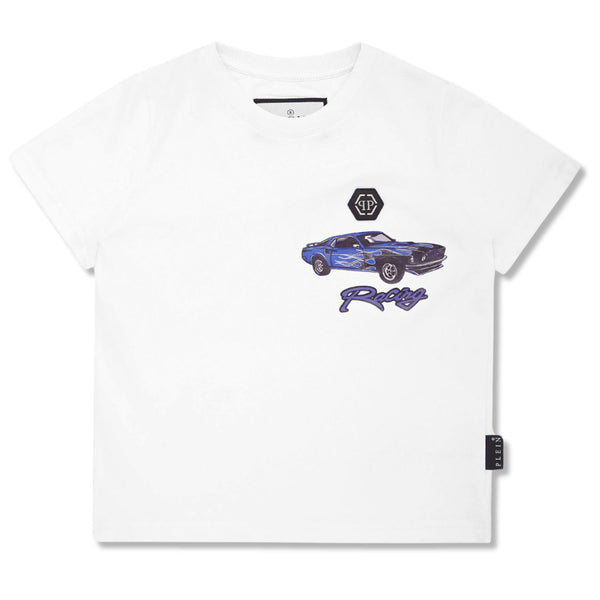 Boys White Racing Car-Print Cotton T-Shirt