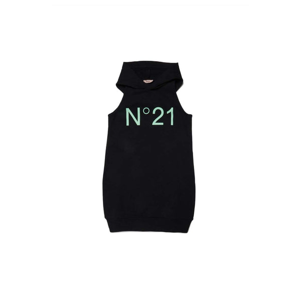 Black Sleeveless Fleece Dress With Hood And Logo