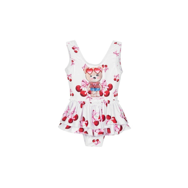 Girls White Cherry & Teddy Swimsuit