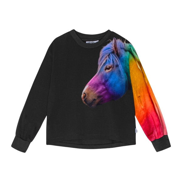 Girls Black Rainbow-Horse Print T-Shirt