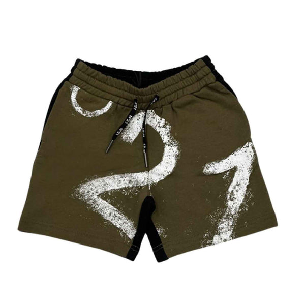 Two-Tone Green And Black Shorts With Vintage Effect Logo