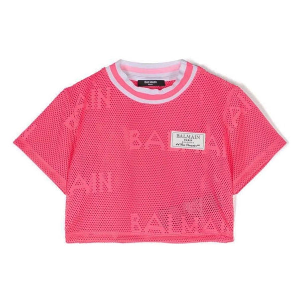 Girls Pink Logo-Patch Mesh T-shirt