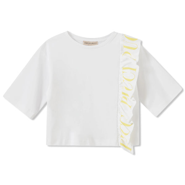 White T-Shirt with Yellow Logo Printed Side Frills