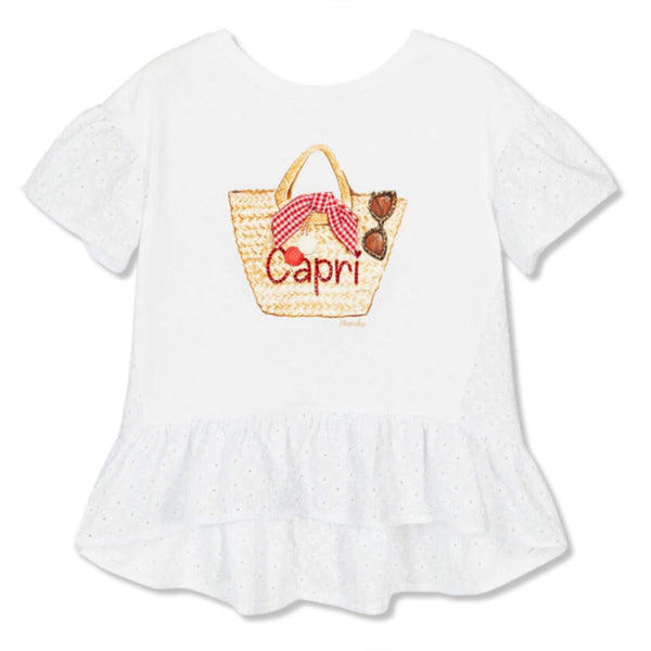 Girls White Jersey & Broderie Anglaise Top