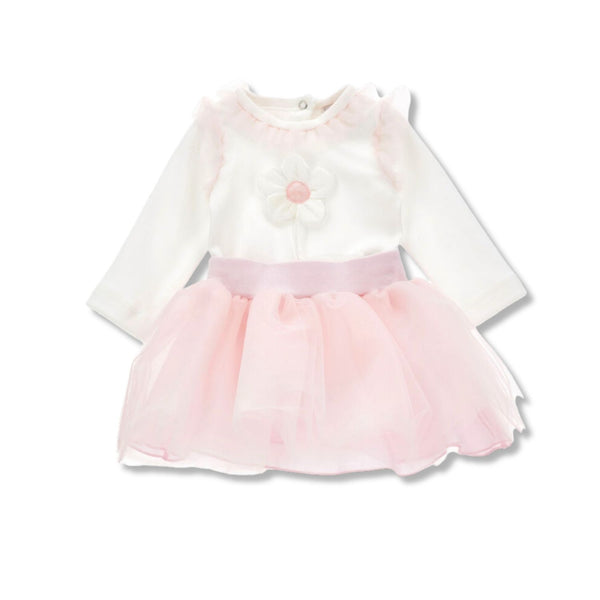 Baby Girls White & Pink Skirt Set With Applique Flower