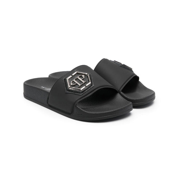 Unisex Black Logo-Plaque Slider