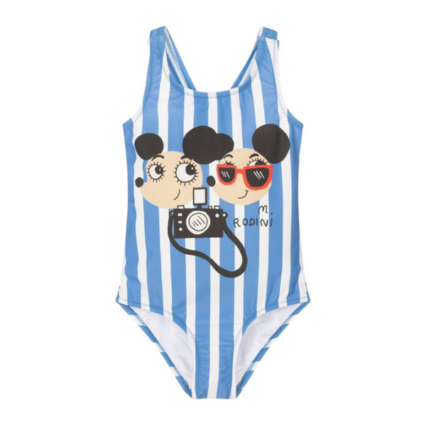 Girls White & Blue Ritz Ratz Print Swimsuit