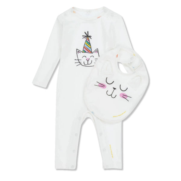 Baby Unisex White Cat Print Babysuit & Bib Set