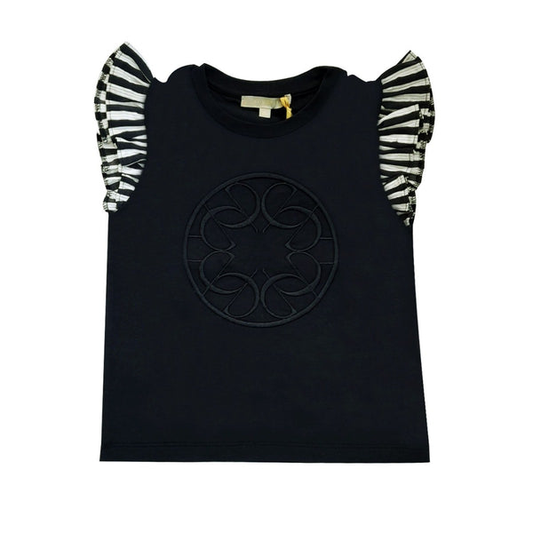 Black Logo Embroidered Top with Black & White Frilled Sleeves