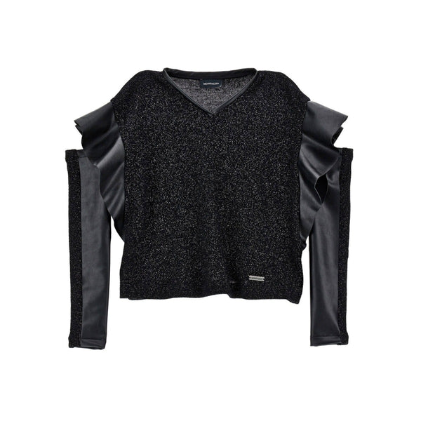 Girls Black Metallic-Threading Panelled Top with Sleeves