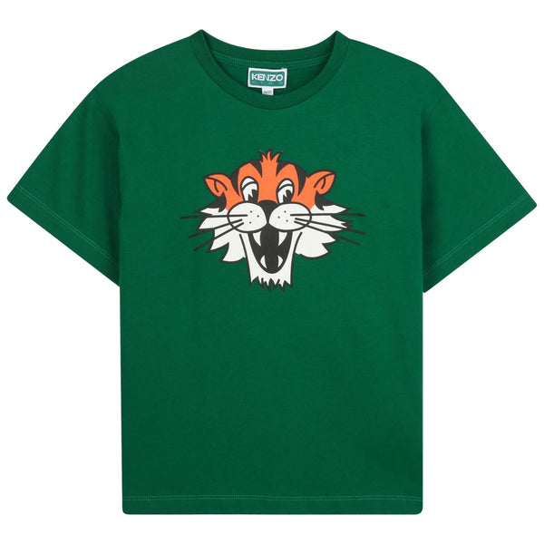 Boys Green Cotton Tiger Graphic T-Shirt