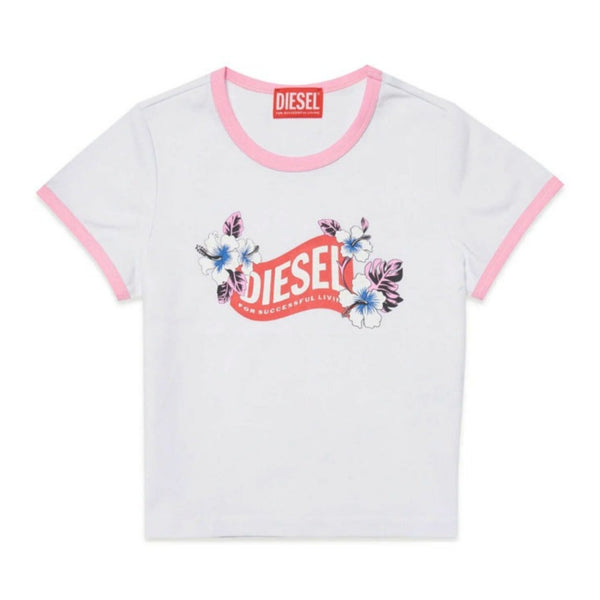 White Jersey T-Shirt With Wave Version Logo And Floral Print