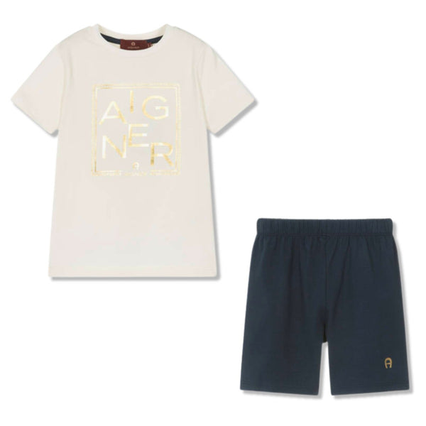 Boys Ivory & Blue Logo-Print Short Set
