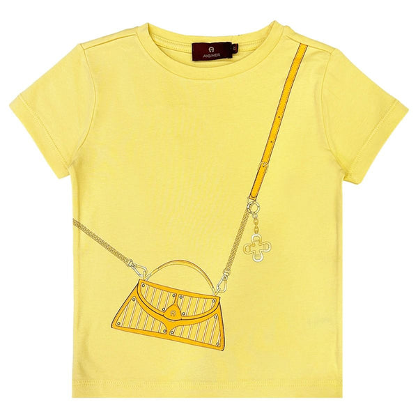 Girls Yellow Cotton Handbag-Print T-Shirt