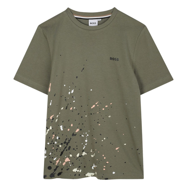 Boys Green Paint Splatter Logo-Print T-Shirt