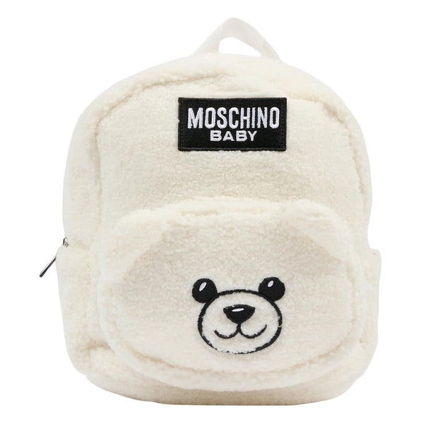 Unisex White Teddy Bear Logo-Patch Backpack