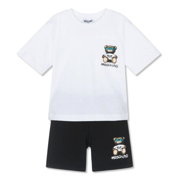 Boys White & Black Teddy Bear Shorts Set