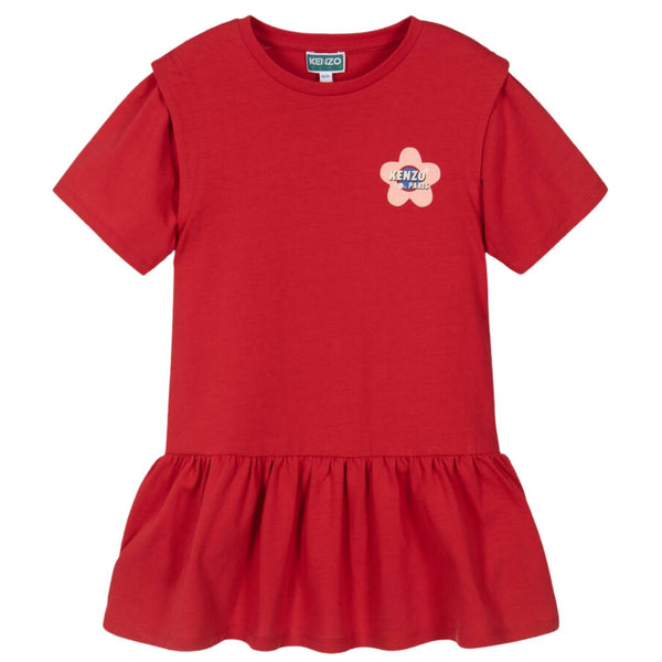 Girls Red Flower Logo Print Dress