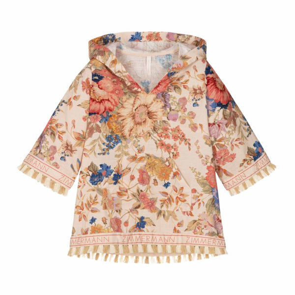 Girls Pink Floral & Tassel Cotton Beach Kaftan