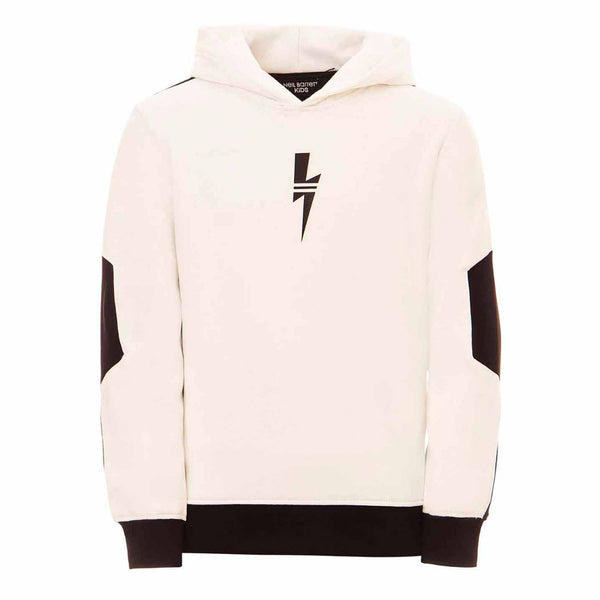 Boys White & Black Color Block Cotton Hoodie