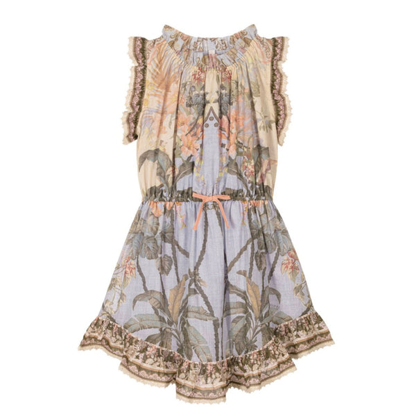 Girls Blue Tropical Print Cotton Dress